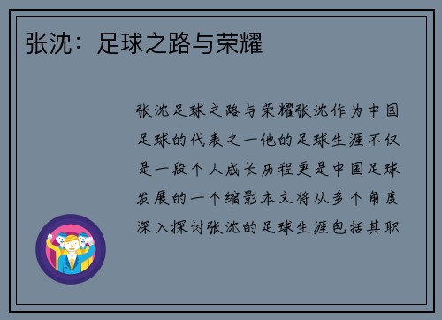 张沈：足球之路与荣耀